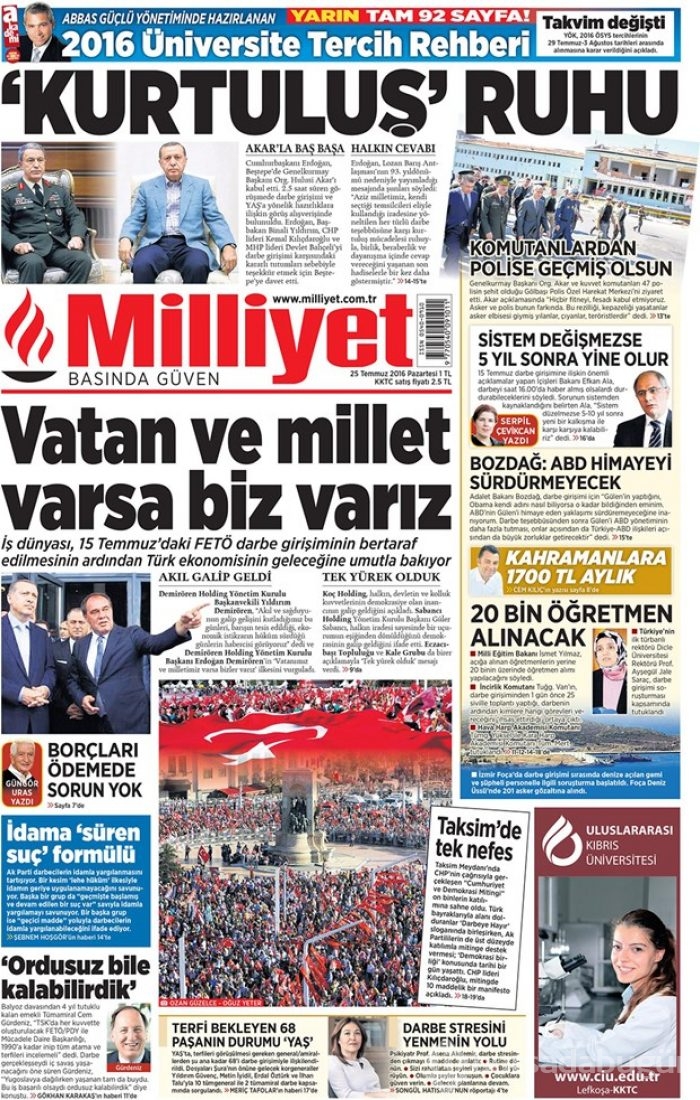 Günün gazete manşetleri  25 Temmuz 2016