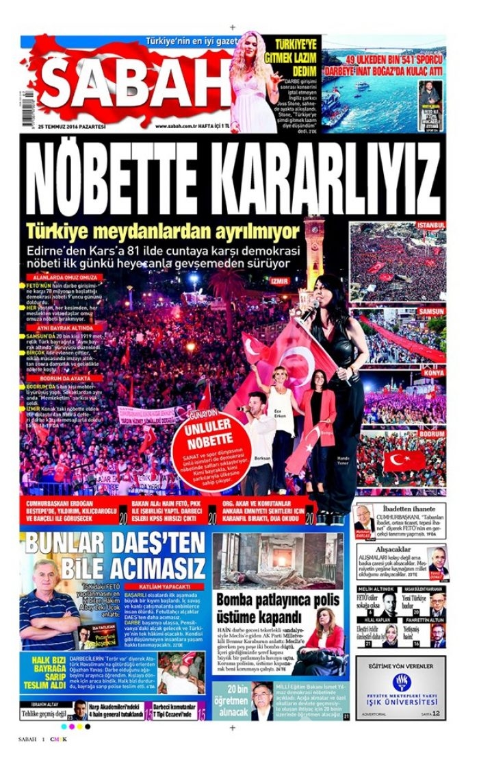 Günün gazete manşetleri  25 Temmuz 2016