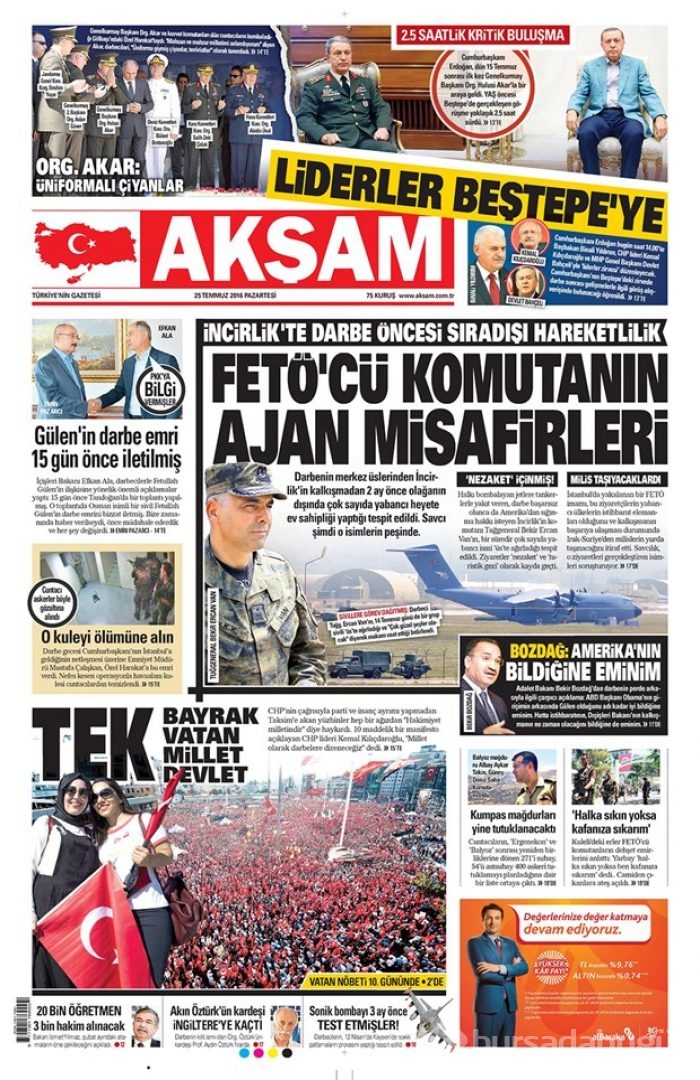 Günün gazete manşetleri  25 Temmuz 2016