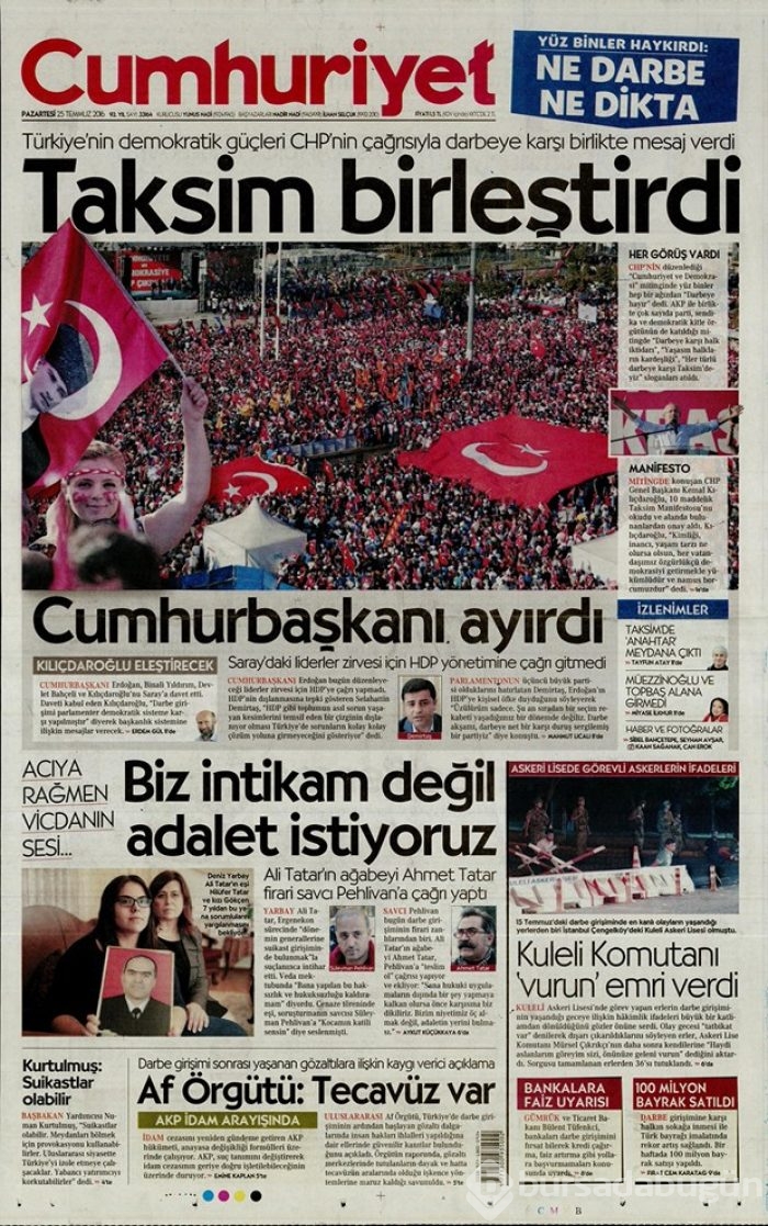 Günün gazete manşetleri  25 Temmuz 2016