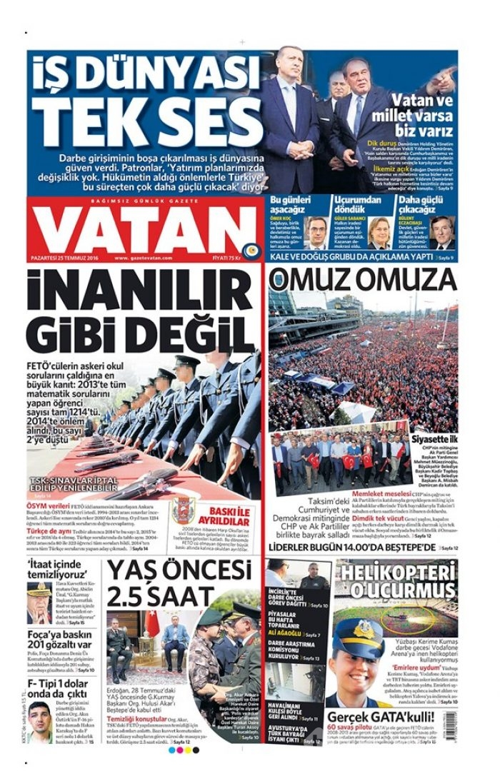 Günün gazete manşetleri  25 Temmuz 2016