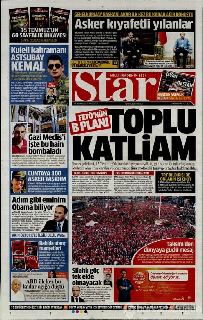 Günün gazete manşetleri  25 Temmuz 2016