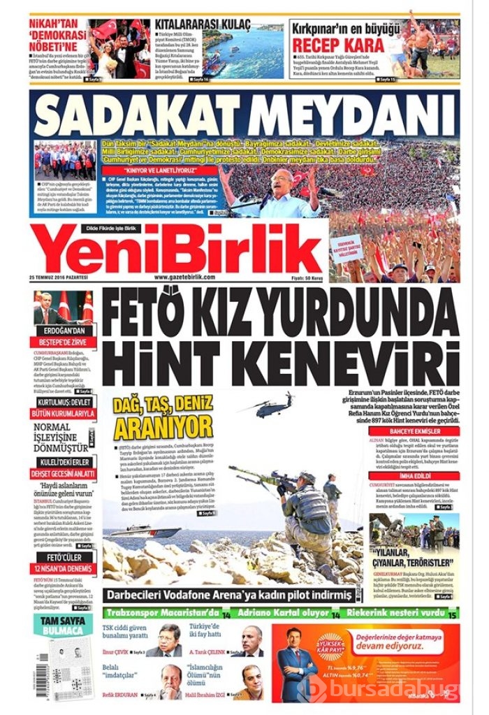 Günün gazete manşetleri  25 Temmuz 2016
