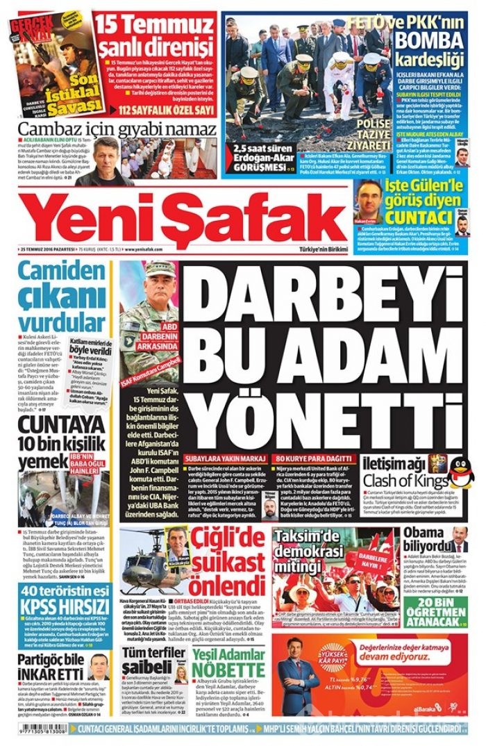 Günün gazete manşetleri  25 Temmuz 2016