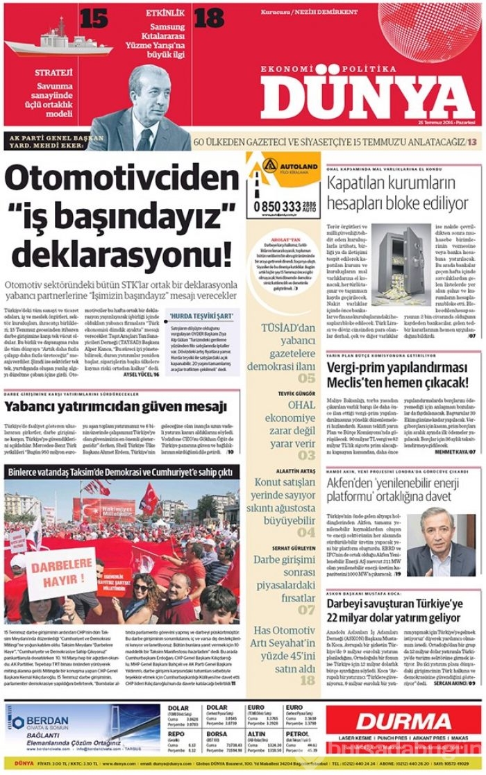 Günün gazete manşetleri  25 Temmuz 2016