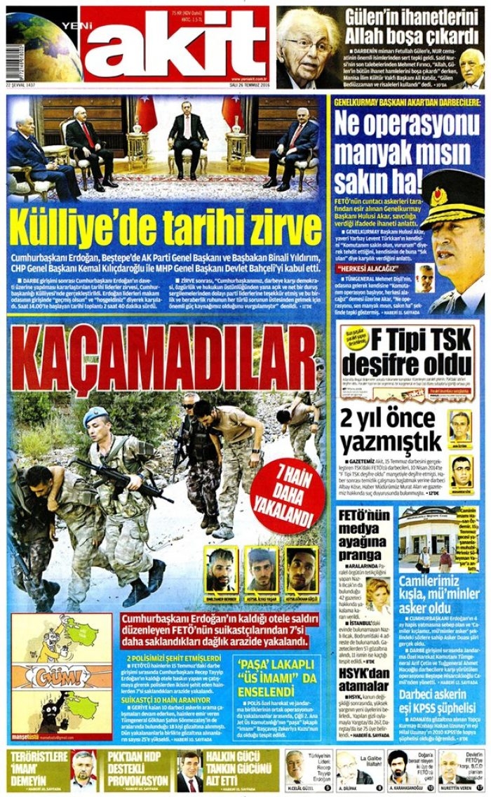 Günün gazete manşetleri 26 Temmuz 2016