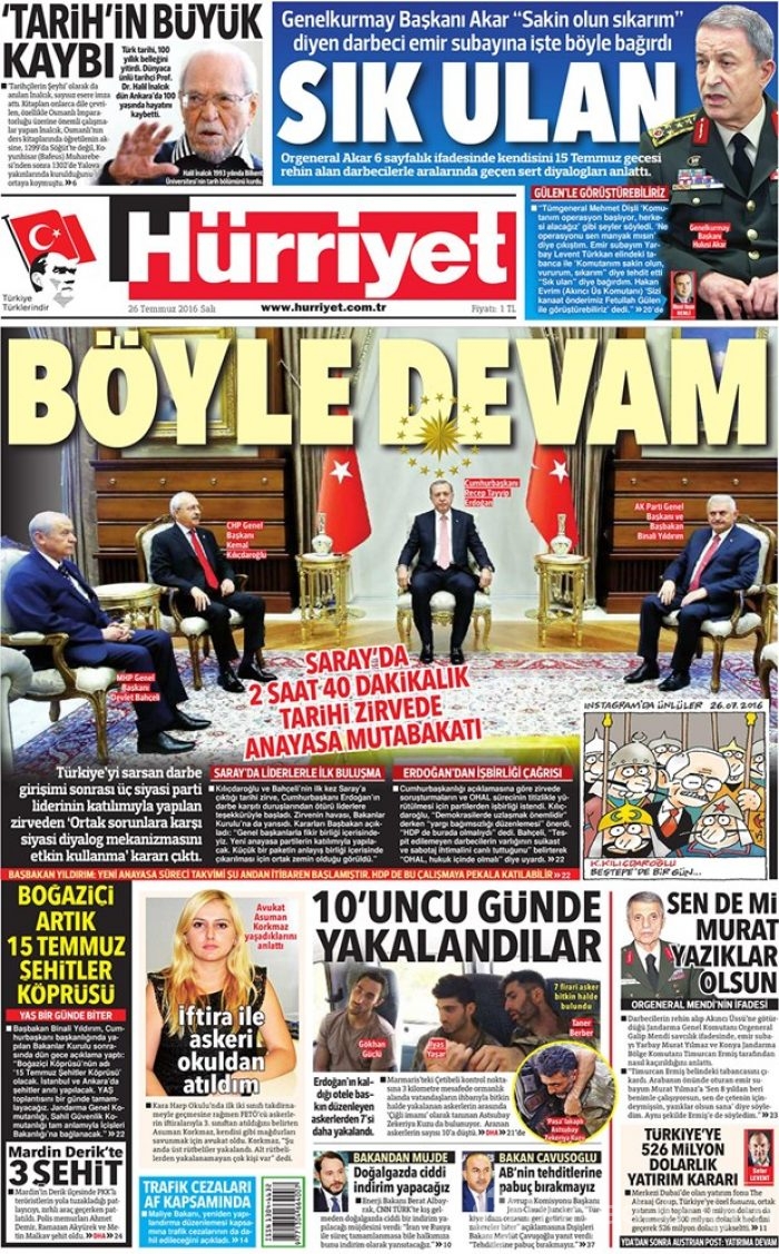 Günün gazete manşetleri 26 Temmuz 2016
