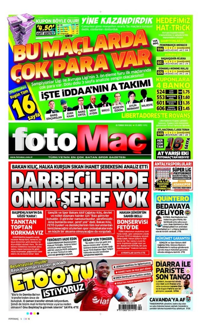 Günün gazete manşetleri 26 Temmuz 2016
