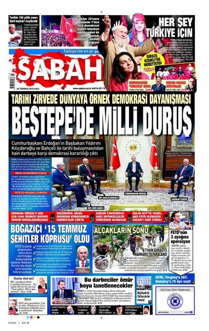 Günün gazete manşetleri 26 Temmuz 2016
