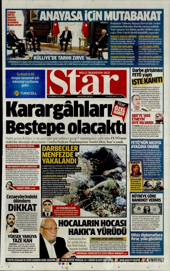 Günün gazete manşetleri 26 Temmuz 2016