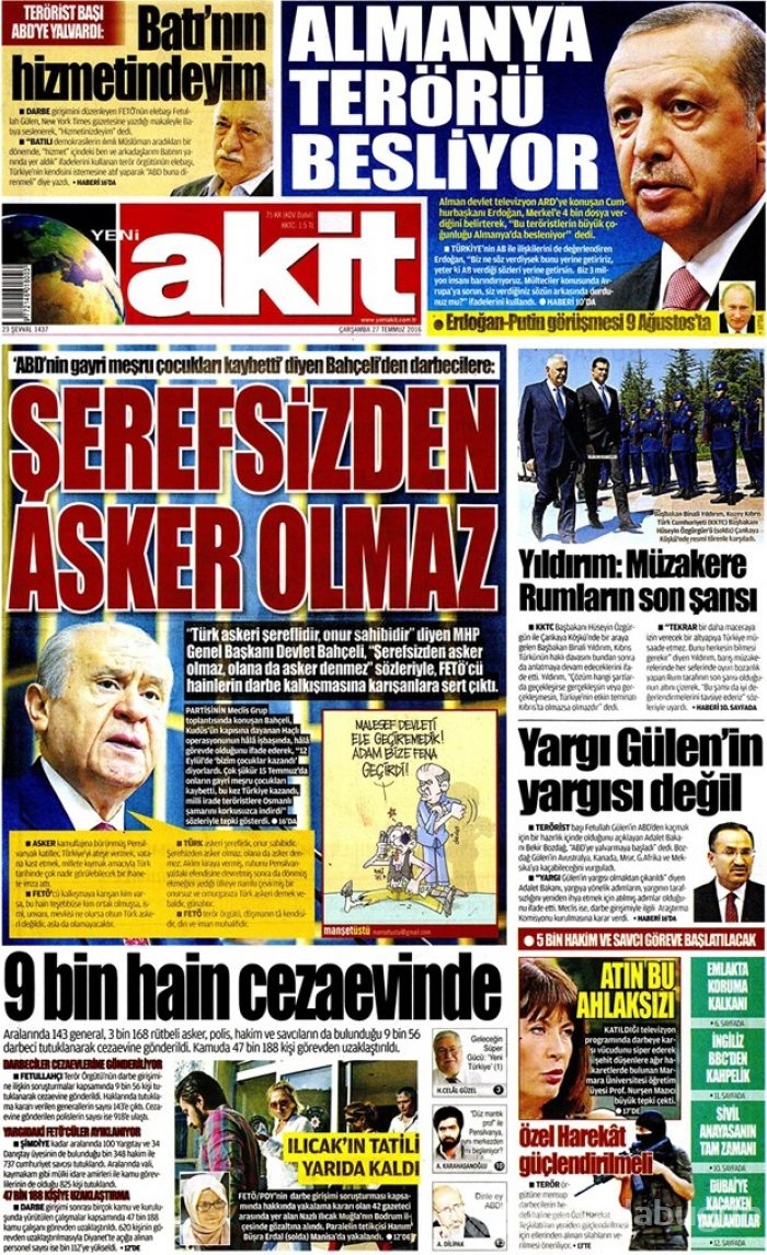 Günün gazete manşetleri 27 Temmuz 2016
