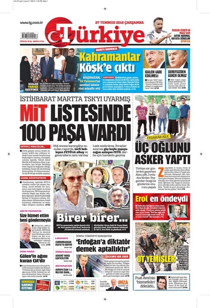 Günün gazete manşetleri 27 Temmuz 2016