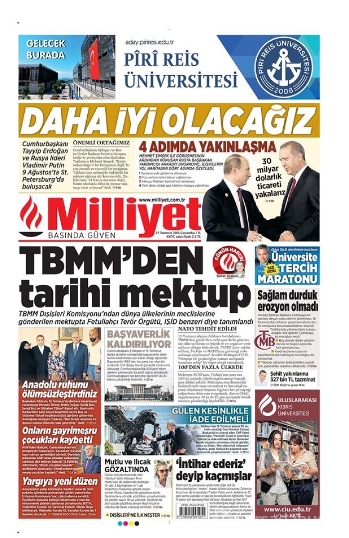 Günün gazete manşetleri 27 Temmuz 2016