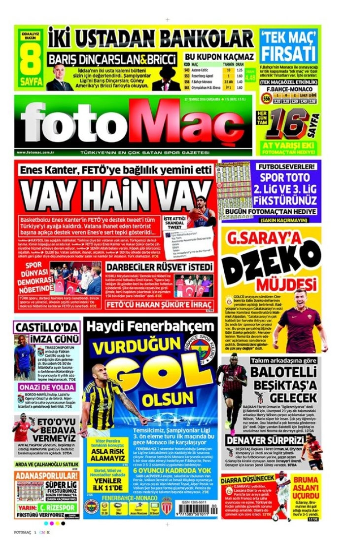 Günün gazete manşetleri 27 Temmuz 2016