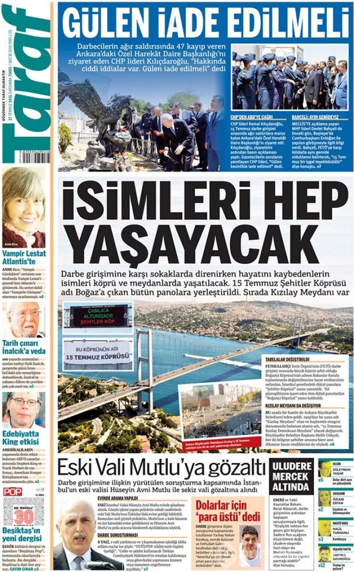Günün gazete manşetleri 27 Temmuz 2016