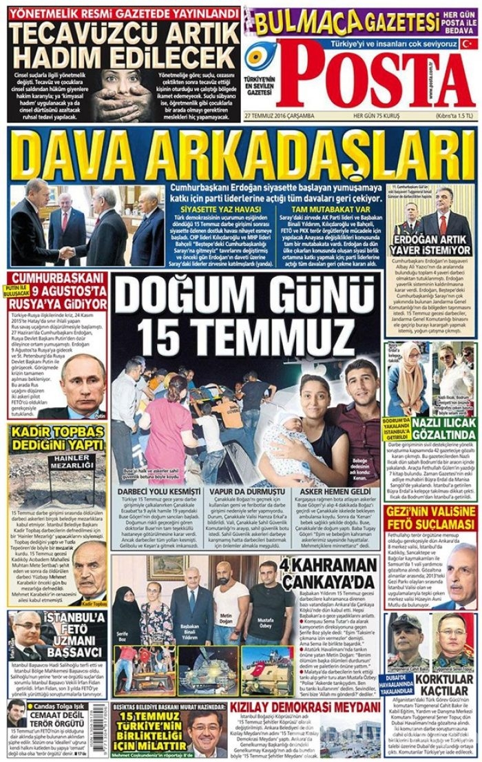 Günün gazete manşetleri 27 Temmuz 2016