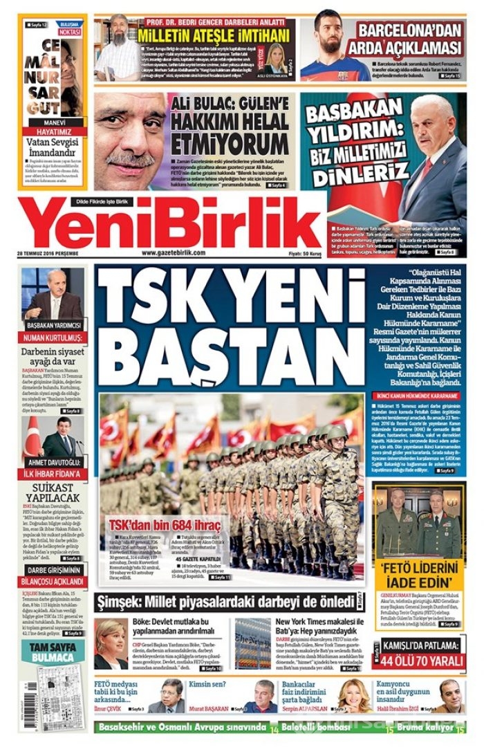 Günün gazete manşetleri 28 Temmuz 2016