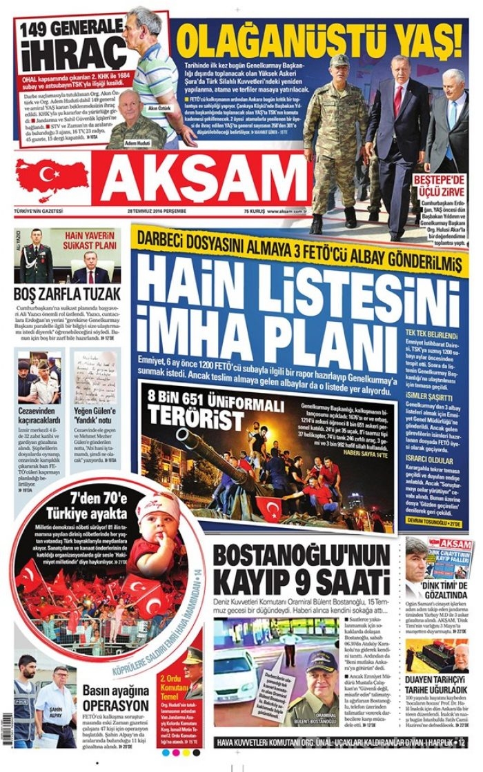 Günün gazete manşetleri 28 Temmuz 2016