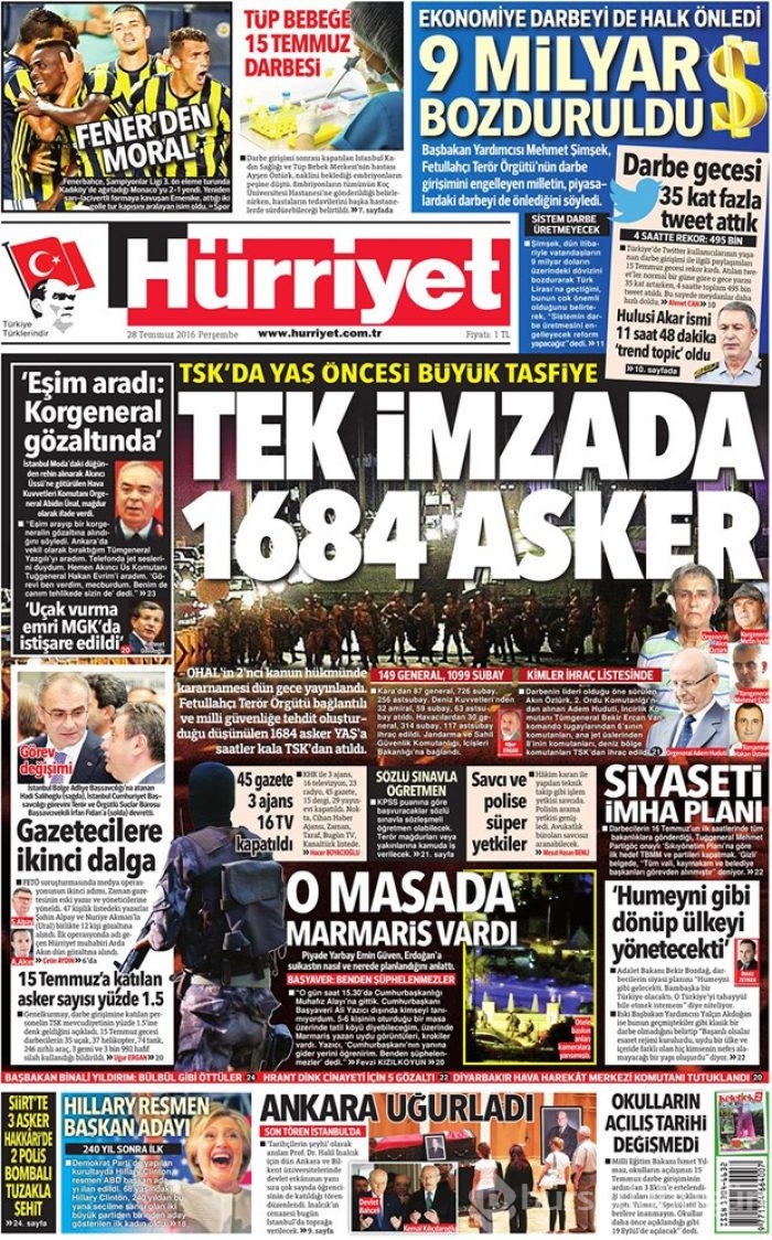 Günün gazete manşetleri 28 Temmuz 2016