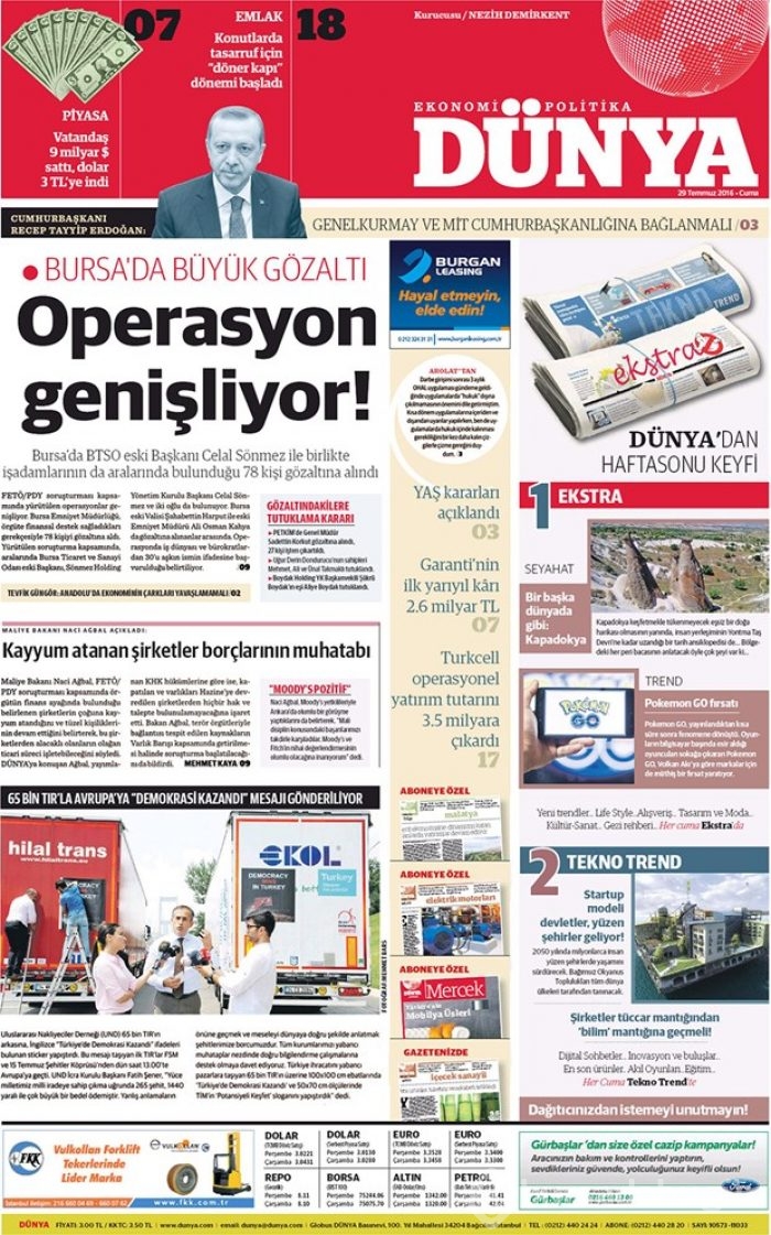 Günün gazete manşetleri 29 Temmuz 2016