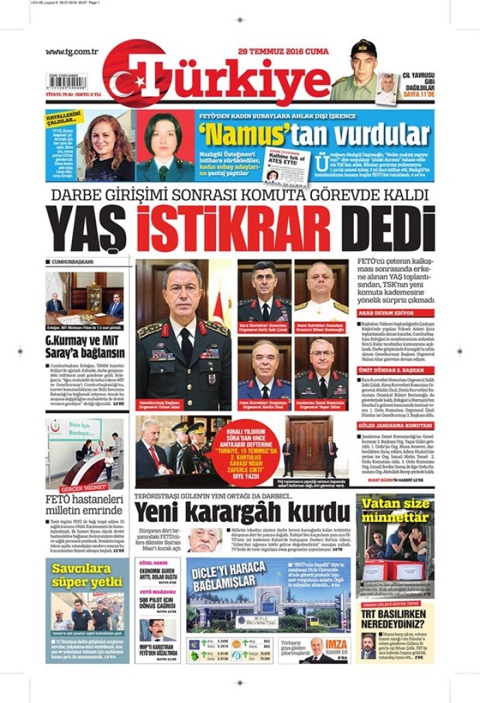Günün gazete manşetleri 29 Temmuz 2016