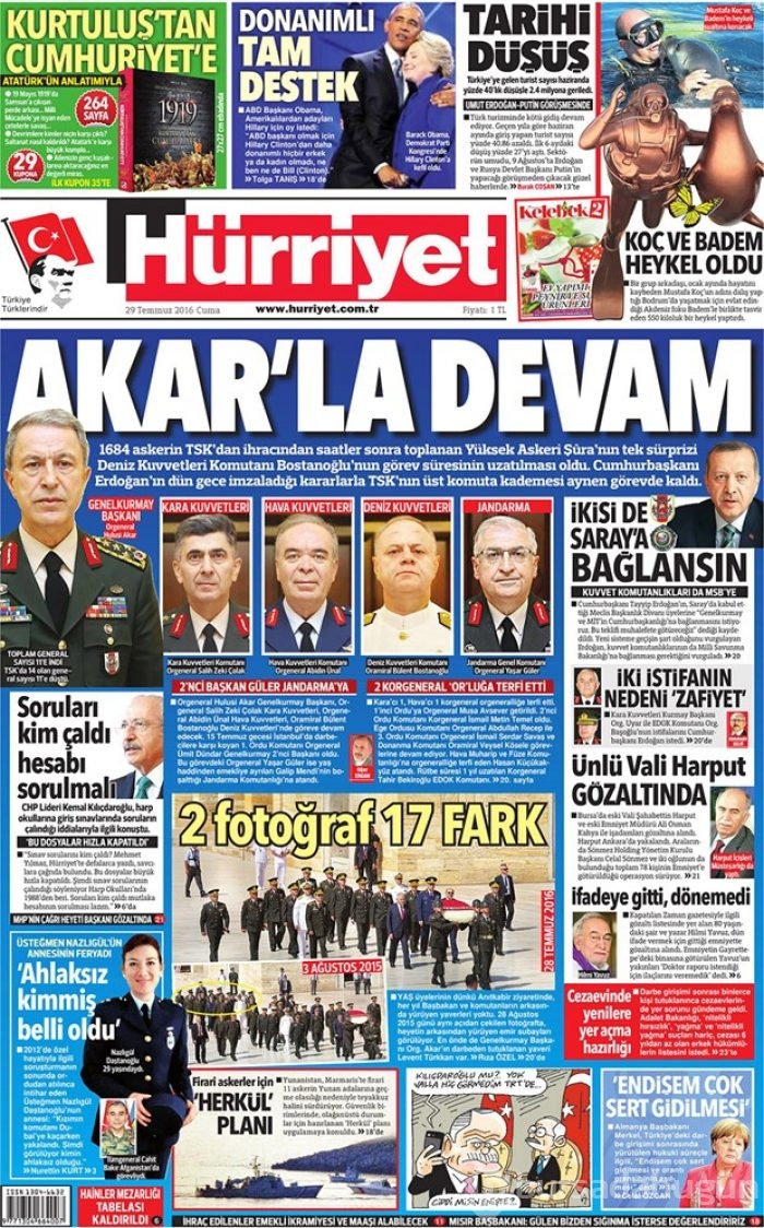 Günün gazete manşetleri 29 Temmuz 2016