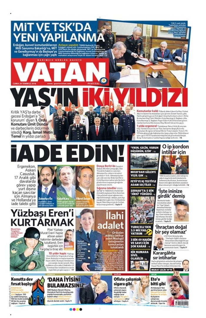 Günün gazete manşetleri 29 Temmuz 2016