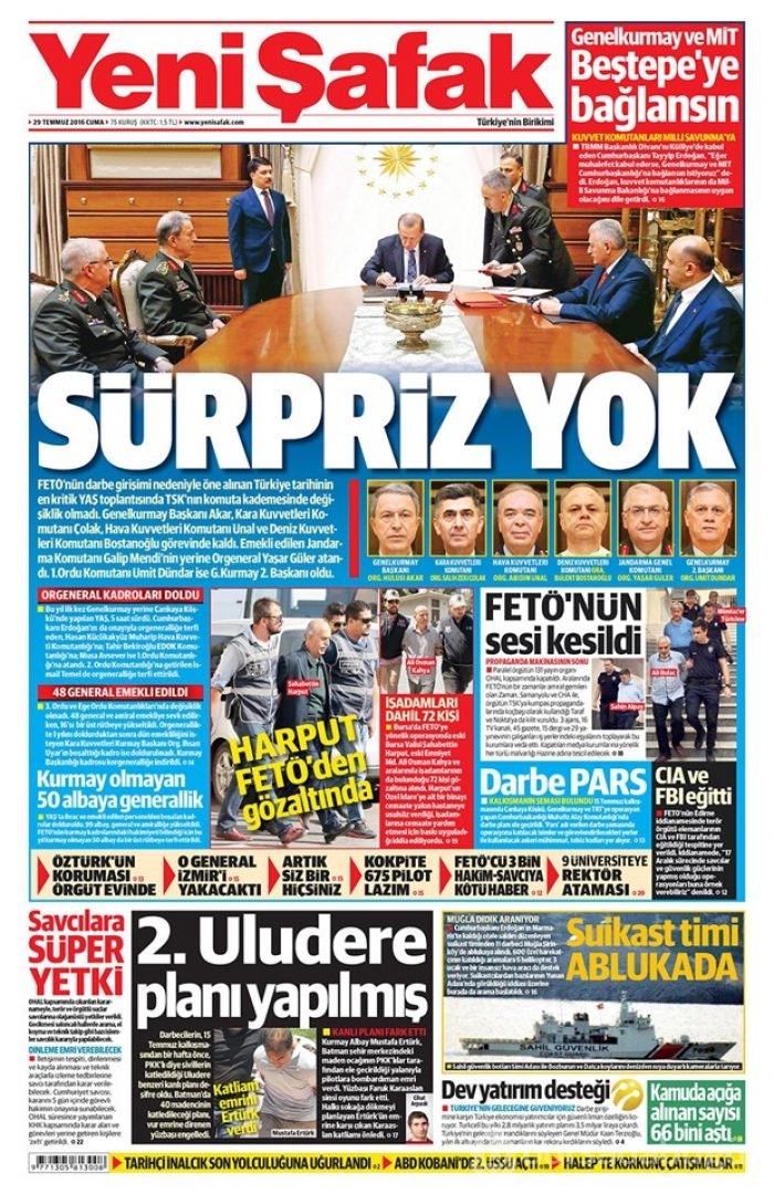 Günün gazete manşetleri 29 Temmuz 2016