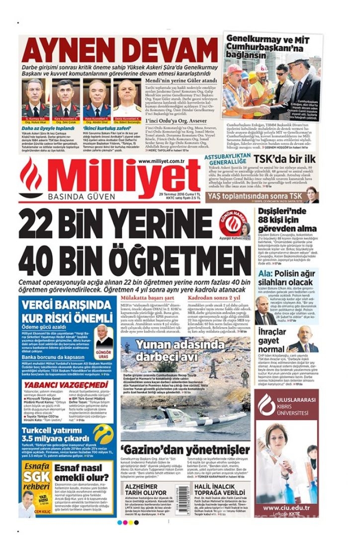 Günün gazete manşetleri 29 Temmuz 2016