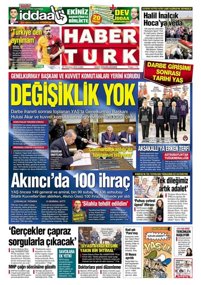 Günün gazete manşetleri 29 Temmuz 2016