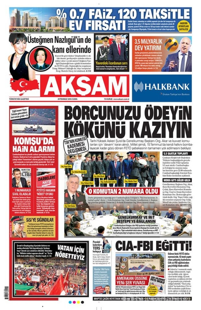Günün gazete manşetleri 29 Temmuz 2016