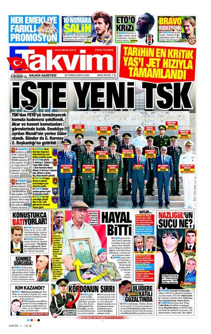 Günün gazete manşetleri 29 Temmuz 2016