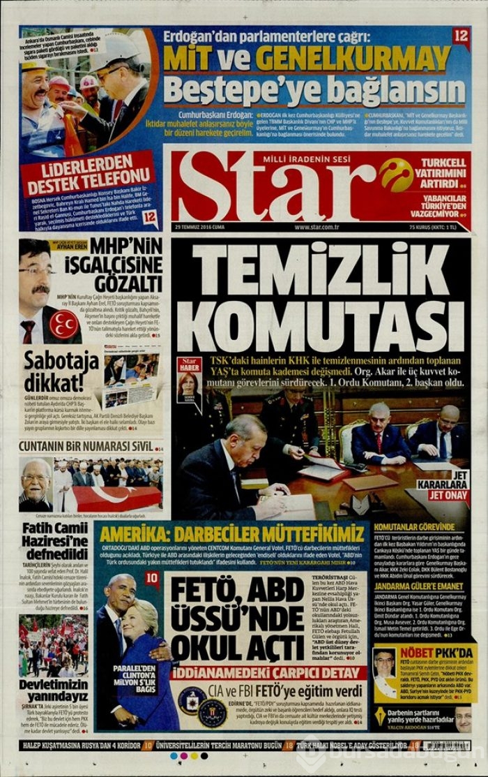Günün gazete manşetleri 29 Temmuz 2016