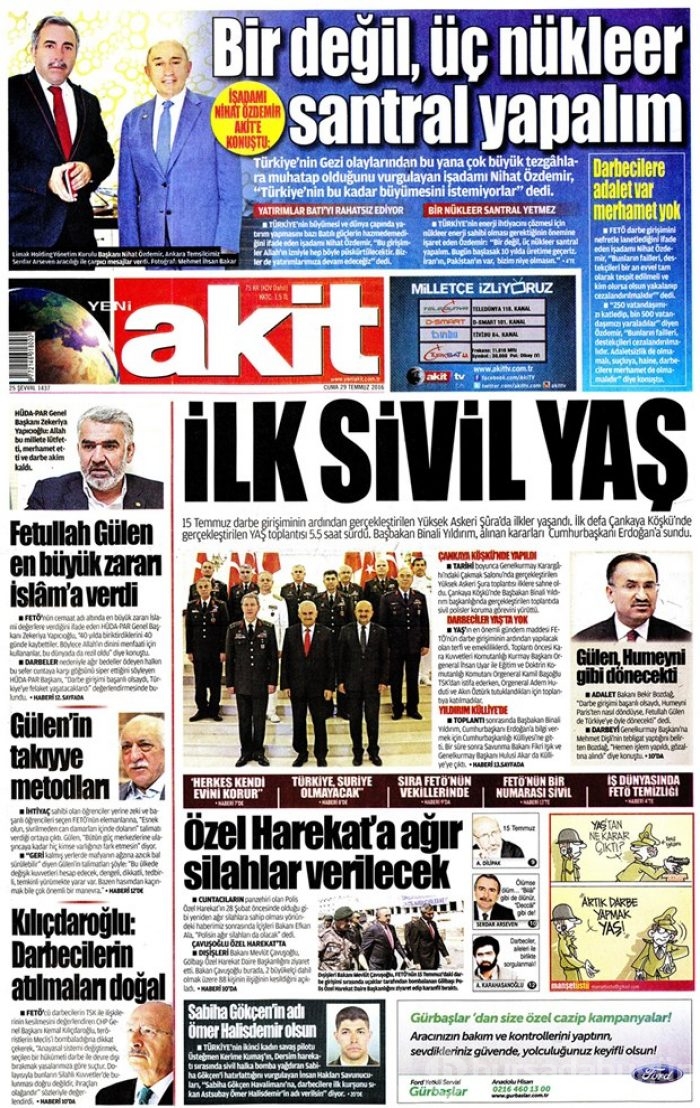 Günün gazete manşetleri 29 Temmuz 2016