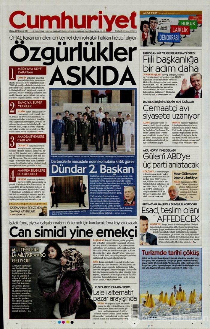 Günün gazete manşetleri 29 Temmuz 2016