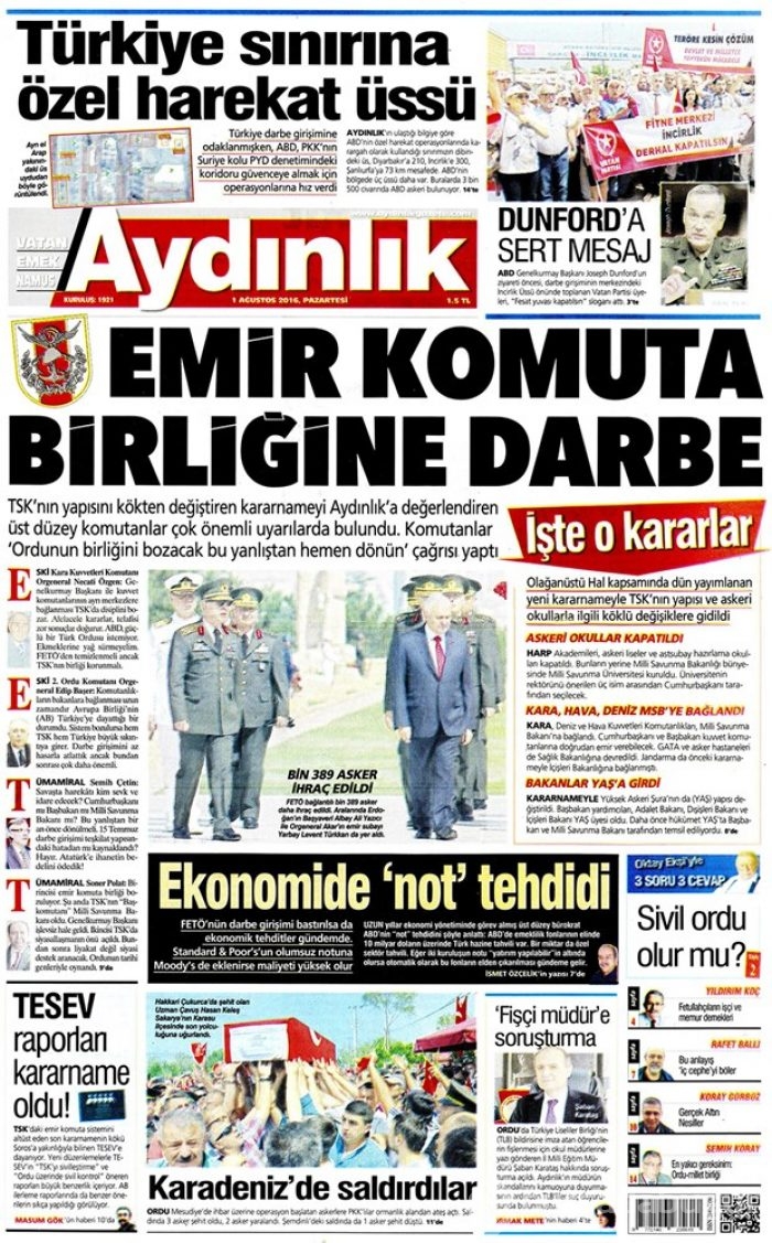 Günün gazete manşetleri 1 Ağustos 2016