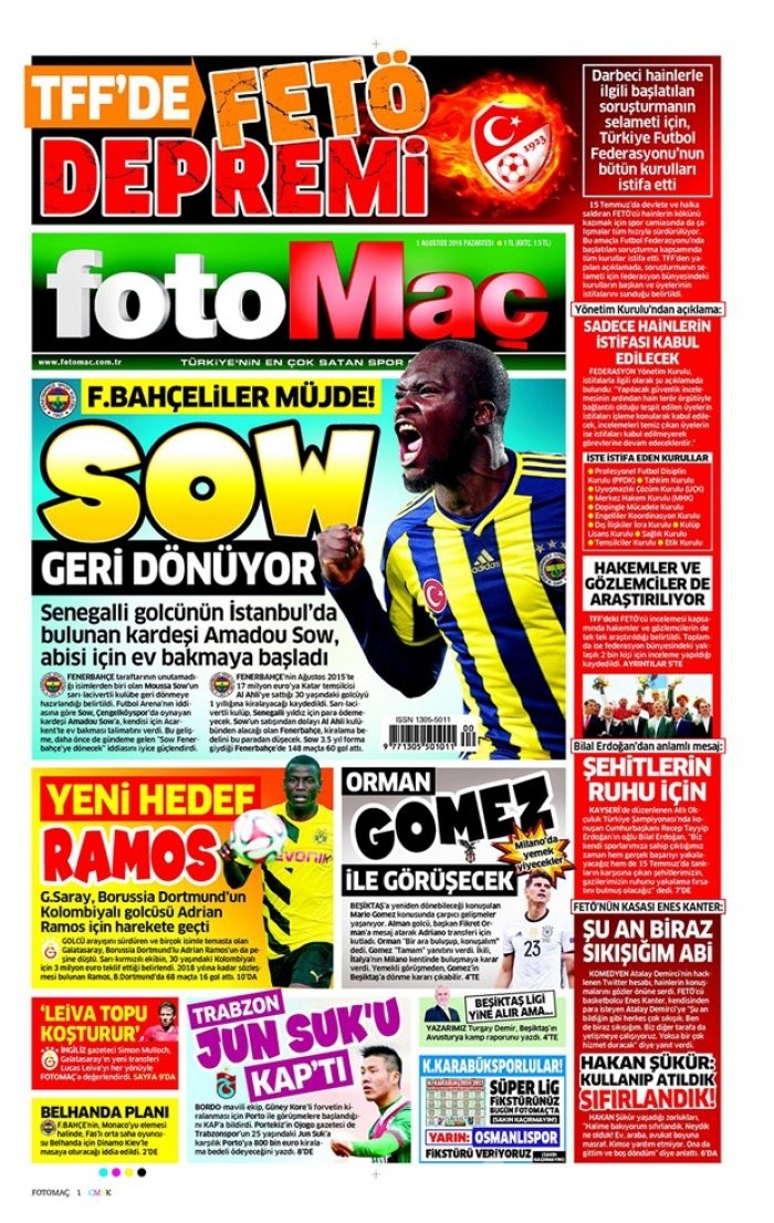 Günün gazete manşetleri 1 Ağustos 2016