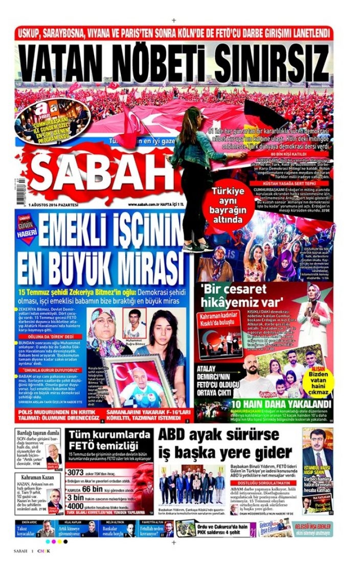 Günün gazete manşetleri 1 Ağustos 2016