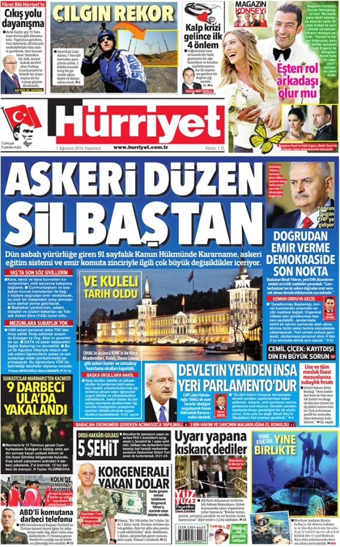 Günün gazete manşetleri 1 Ağustos 2016