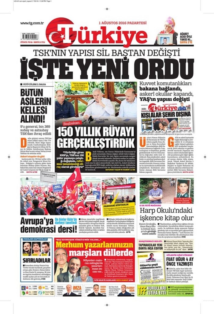 Günün gazete manşetleri 1 Ağustos 2016