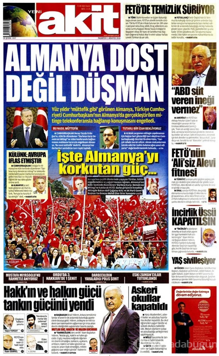 Günün gazete manşetleri 1 Ağustos 2016
