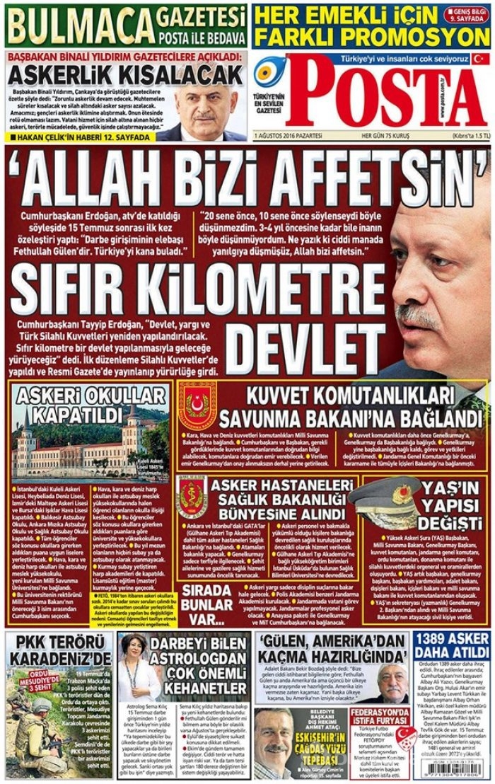Günün gazete manşetleri 1 Ağustos 2016