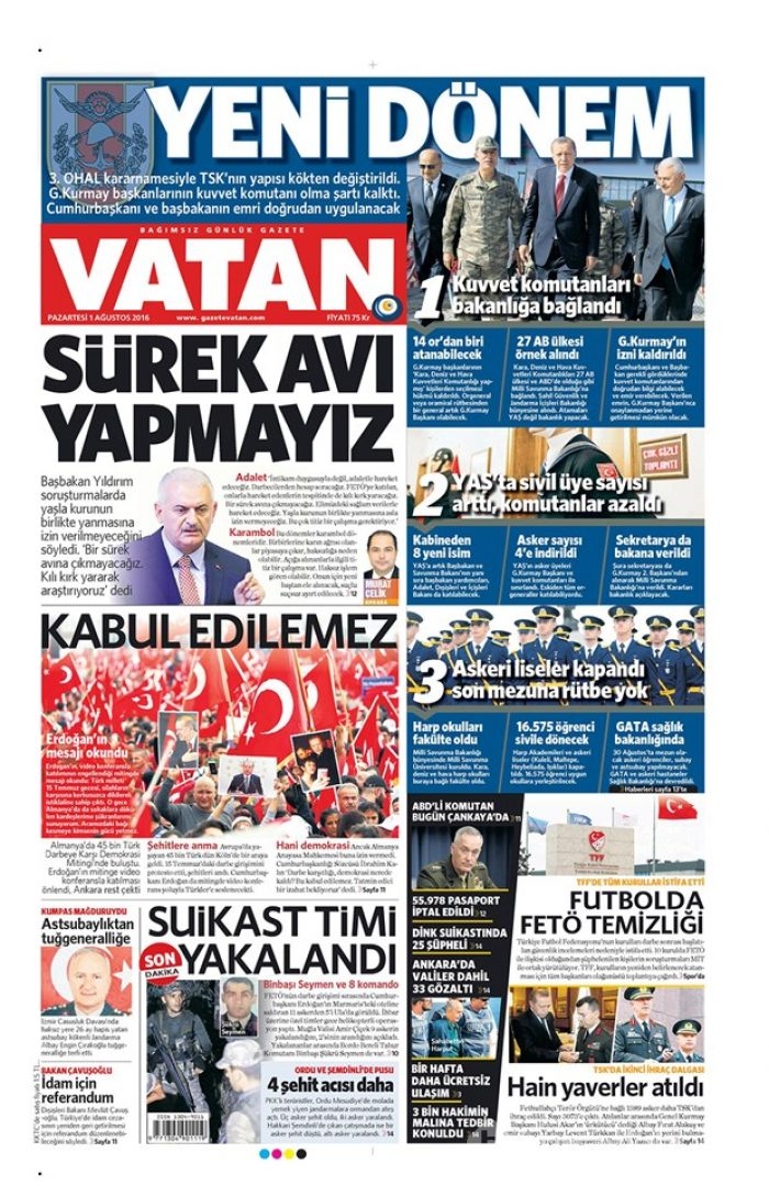 Günün gazete manşetleri 1 Ağustos 2016