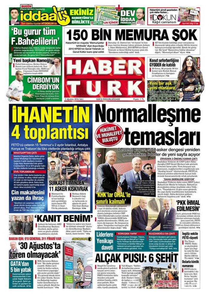 Günün gazete manşetleri 2 Ağustos 2016