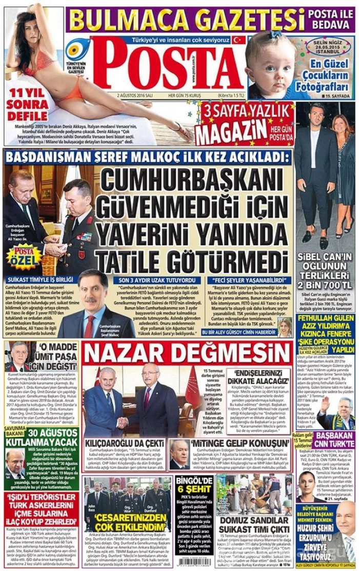 Günün gazete manşetleri 2 Ağustos 2016
