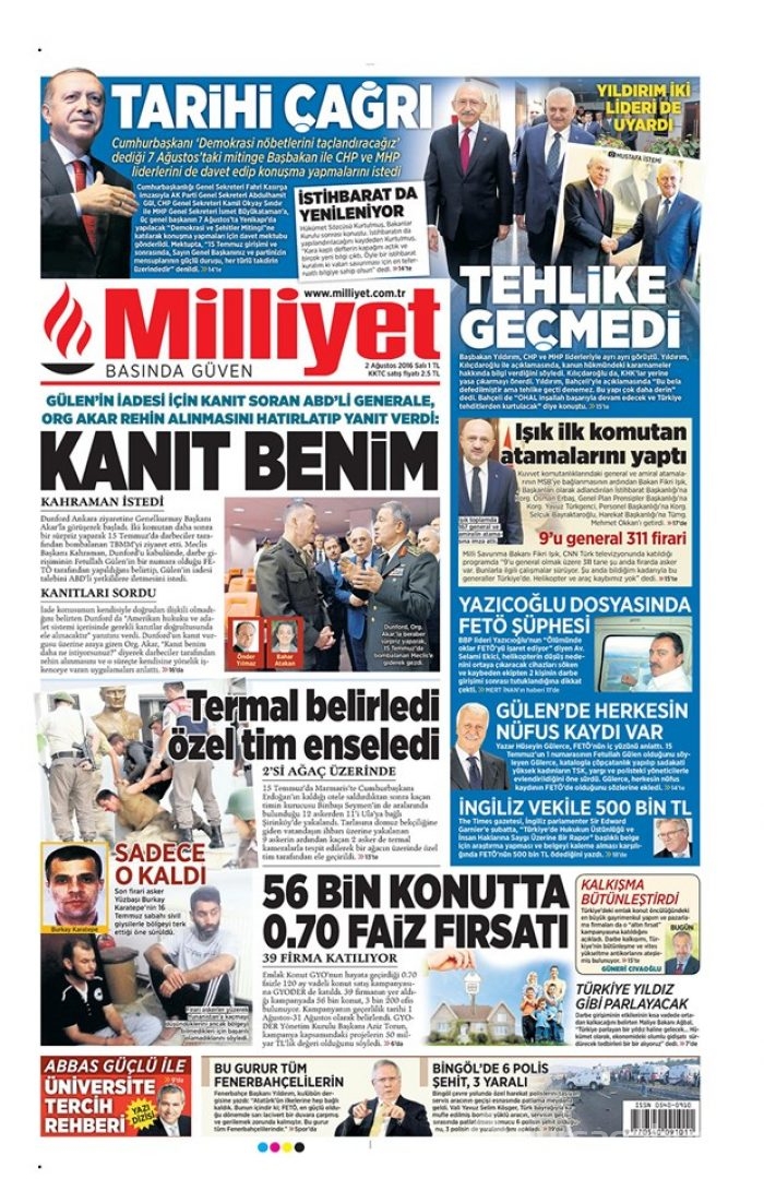 Günün gazete manşetleri 2 Ağustos 2016