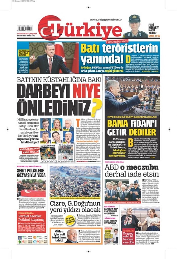 Günün gazete manşetleri  3 Ağustos 2016