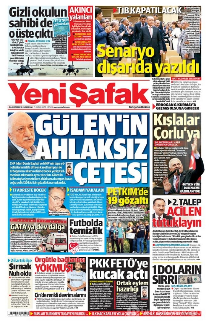 Günün gazete manşetleri  3 Ağustos 2016