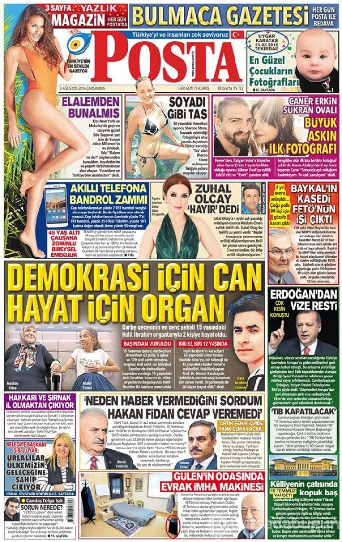 Günün gazete manşetleri  3 Ağustos 2016