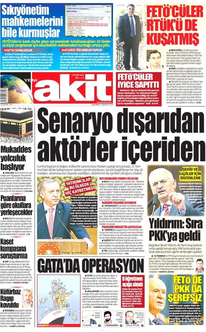Günün gazete manşetleri  3 Ağustos 2016